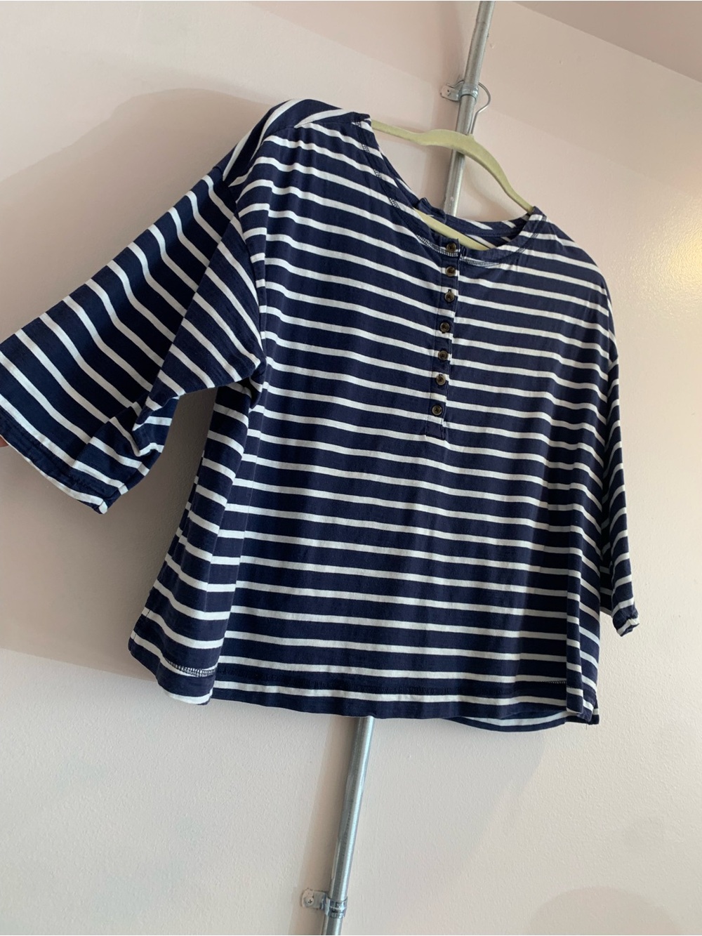 Old Navy Navy and White Striped Button-Front Short Sleeve Tee